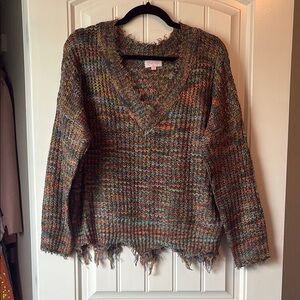 Pink Lily Brown V-Neck Sweater with Distressed Hem